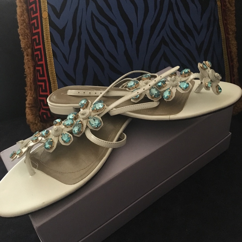 White with Blue Crystals Tahari Thong Sandal